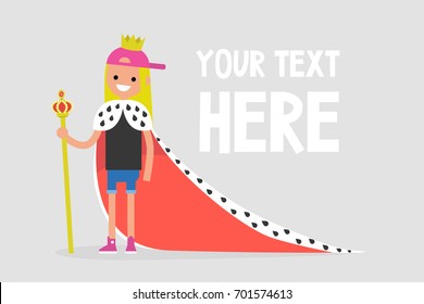 Young female character wearing a royal mantle and a crown / flat editable vector illustration, clip art