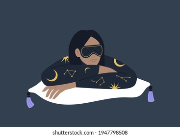 A young female character wearing silk pajamas and a sleep mask, modern fancy lifestyle