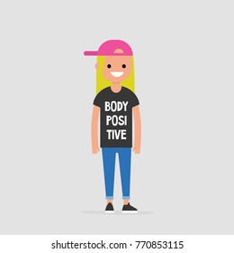 Young female character wearing a t-shirt with a "body positive" sign. Normal shape. Flat editable vector illustration, clip art