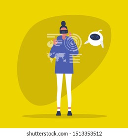 Young female character wearing a virtual reality headset. VR. AR. New technologies. Cute robot. Machine learning. Millennial gadgets and lifestyle / flat editable vector illustration
