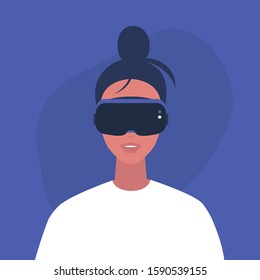 Young female character wearing a virtual reality headset, Millennial gadgets and lifestyle