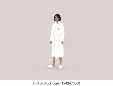 A young female character wearing a white hotel bathrobe and slippers, a luxury lifestyle concept, wellbeing and body care