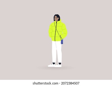 A young female character wearing a winter puffer down jacket and a mobile phone case on a strap, modern lifestyle