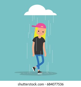 Young female character weeping in the rain / flat editable vector illustration, clip art