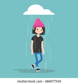 Young female character weeping in the rain / flat editable vector illustration, clip art