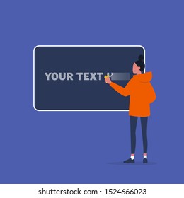 Young female character wiping off the sign "your text here" from a chalkboard