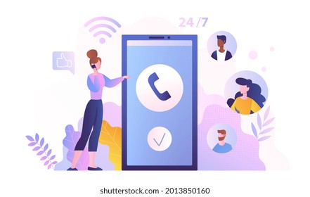 Young female character is working in customer support. Concept of email marketing, internet chatting, 24 hours support. Feedback online form, talk to customers. Flat cartoon vector illustration