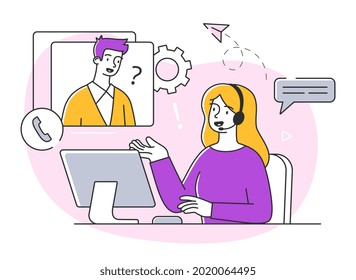 Young female character is working in customer support. Collection of scenes at office. Workers taking part in business negotiation, brainstorming, helping clients. Flat cartoon vector illustration