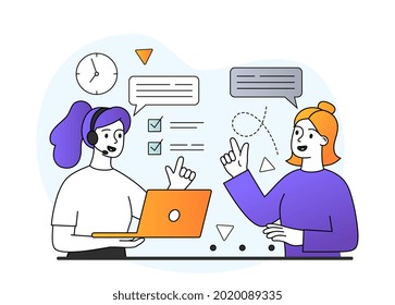 Young female character is working in customer support. Concept of online customer assistance service, call center operator. Woman at office workplace. Flat cartoon vector illustration