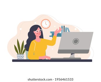 Young female character is working as a freelance copywriter. Smiling woman in glasses is working on computer remotely from home. Girl is working from her home office. Flat cartoon vector illustration