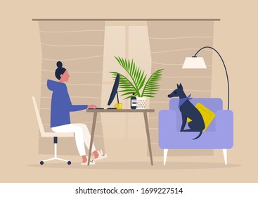 Young female character working from home, self isolation, workspace in the living room