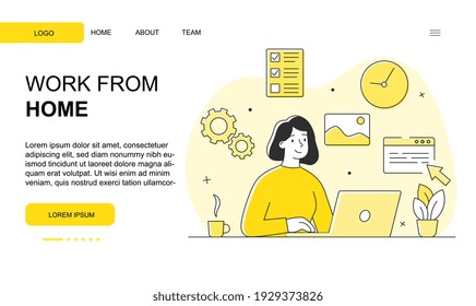 Young female character is working from home. Cheerful woman is working remotely on her laptop from home during quarantine. Website, web page, landing page template. Flat cartoon vector illustration