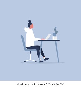 Young female character working in the office. Furniture. Cabinet. Workspace. Millennials at work. Flat editable vector illustration, clip art