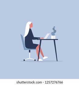 Young female character working in the office. Furniture. Cabinet. Workspace. Millennials at work. Flat editable vector illustration, clip art