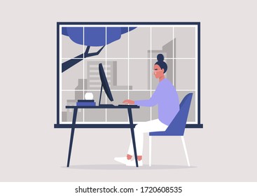 Young Female Character Working In The Office, Window Cityscape View, Millennials At Work