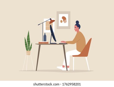 Young female character working at the office, posters and plants, cozy workplace interior, millennials at work