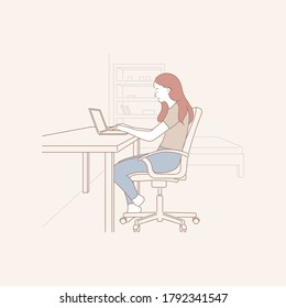 Young female character working in the office. Poor Sitting Posture. computer notebook laptop in home office. freelancer in workspace isolated pastel vector illustration. Woman sitting at her desk 