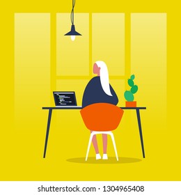 Young female character working on a computer. Programming code. Front end, Back end developer. Flat editable vector illustration, clip art. Millennials at work.