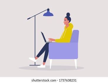 Young female character working on a laptop from home, social distancing, remote office