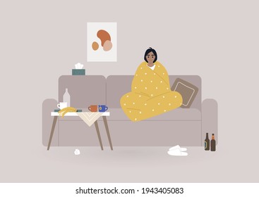 A young female character wrapped in a blanket sitting on a sofa surrounded by tea mugs and food leftovers, depression and anxiety concept, mental health issues, daily life during lockdown 