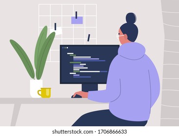 Young female character writing code on a desktop computer, working from home, millennials at work