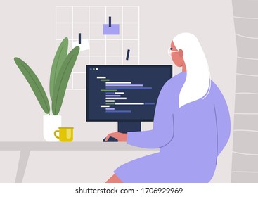 Young female character writing code on a desktop computer, working from home, millennials at work