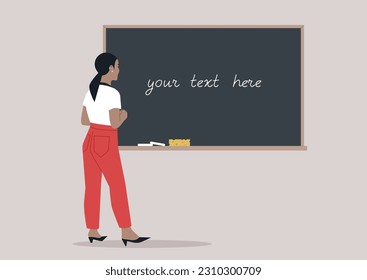 A young female character writing on a chalkboard, school classroom