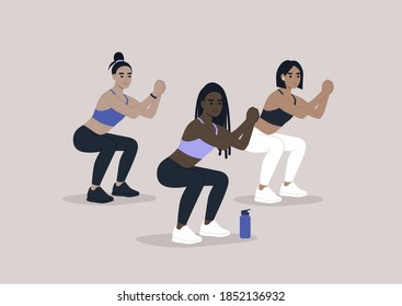 Young female characters doing squats, a gym group workout scene, sport outfit