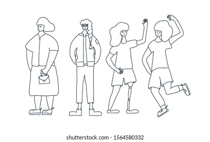 Young female characters group dressed in casual trendy clothes standing together. Pretty women set isolated on white background. Vector doodle style illustration.