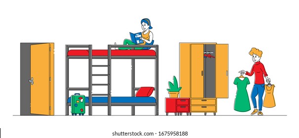 Young Female Characters Living in Hostel, Girl Reading Books Sitting on Bunk Bed, Roommate Choose Dress for Walking. Cheap Accommodation for Students and Tourists. Linear People Vector Illustration