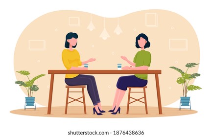 Personajes femeninos jóvenes compartiendo ideas. Dos mujeres sentadas en una acogedora cafetería hablando de pensamientos y noticias. Concepto de amigos reunidos en un ambiente informal. Ilustración vectorial de dibujos animados planos