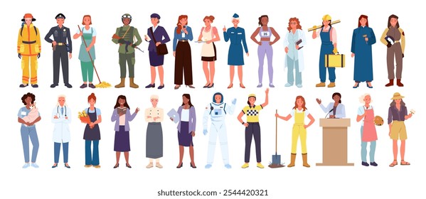 Young female characters with various professional occupation, front portraits of happy smiling girls workers in uniform cartoon vector illustration. Women of different professions and career