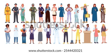 Young female characters with various professional occupation, front portraits of happy smiling girls workers in uniform cartoon vector illustration. Women of different professions and career