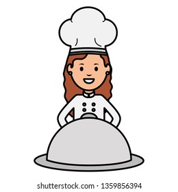 young female chef with tray server