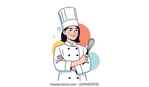 Young female chef in uniform holding a whisk proudly standing ready to cook delicious meals