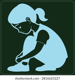Young female child sitting down and fastening laces on footwear casual outfit simple flat style design character activity routine.