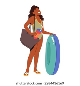 Young Female Child Stands With Round Floaty In Hand Isolated on White Background. Teen Black Girl Wearing A Bathing Suit with Inflatable Ring, Soda and beach Bag. Cartoon Vector Illustration