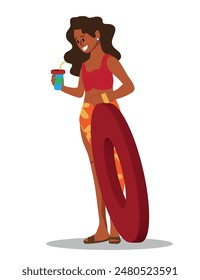 Young Female Child Stands With Round Floaty In Hand Isolated on White Background. Teen Black Girl Wearing A Bathing Suit with Inflatable Ring, Soda and beach Bag. Cartoon Vector Illustration.