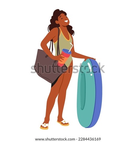 Young Female Child Stands With Round Floaty In Hand Isolated on White Background. Teen Black Girl Wearing A Bathing Suit with Inflatable Ring, Soda and beach Bag. Cartoon Vector Illustration