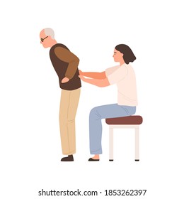 Young female chiropractor examining elderly patient. Doctor or nurse massaging aged man. Flat vector cartoon illustration of working osteopath or physiotherapist isolated on white background