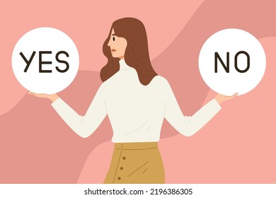 Young female choosing between "YES" or "NO". Concept of selection, decision, choice, answer, reply, accept of refuse.  flat style vector illustration cartoon character for business, presentation.