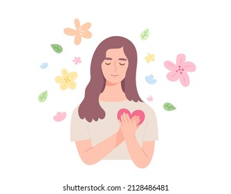 Young female closing eyes and touching her heart with both hand. Concept of self-love, self-confidence, mental health healing, love yourself, encouragement. Flat vector illustration character.