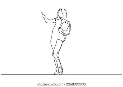 young female college student with book hold bag is standing to recommend show