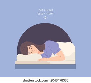 Young female comfy sleeping with "Good Night Sleep Tight" message. Healthy sleeping. Concept of sleep well at night, healthy lifestyle, comfortable relaxation. Flat vector illustration character.