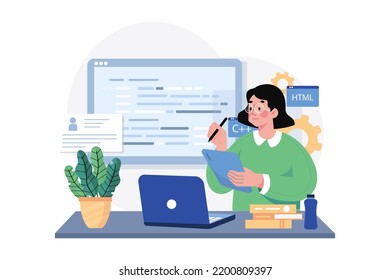 Young Female Computer Programmer Coding At Laptop Illustration Concept On White Background