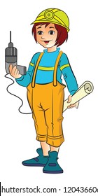 Young Female Construction Worker With An Electric Drill And Plans, Vector Illustration