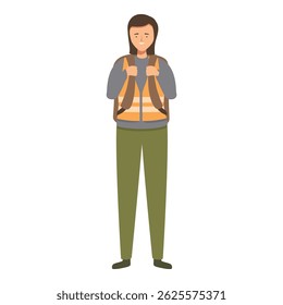 Young female construction worker wearing a safety vest and holding her backpack is smiling