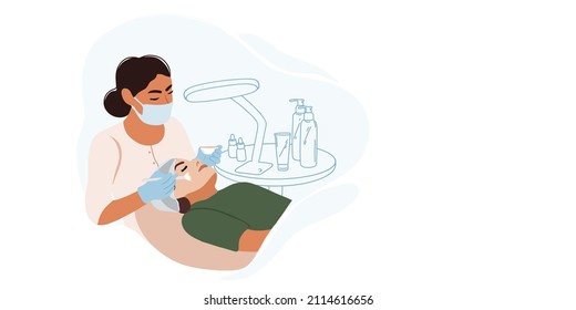 Young female cosmetologist or dermatologist applying deep cleansing clay mask on the face of a young woman lying in a beauty salon. Facial, massage, skin care. Flat and doodle or hand drawn. Vector 