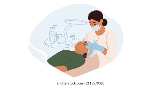 
Young female cosmetologist or dermatologist cleans the skin of the face of a young woman lying in a beauty salon. Facial, massage, skin care. Flat and doodle vector illustration