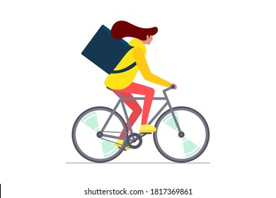 Young female courier with backpack box riding bicycle and carries goods and food package. Fast cycling eco delivery order service. Isolated eps vector illustration